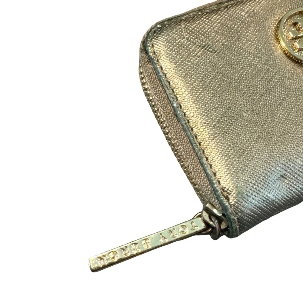 Tory Burch Robinson Metallic Gold Saffiano Leather Zip Coin Purse Case‎ Wallet